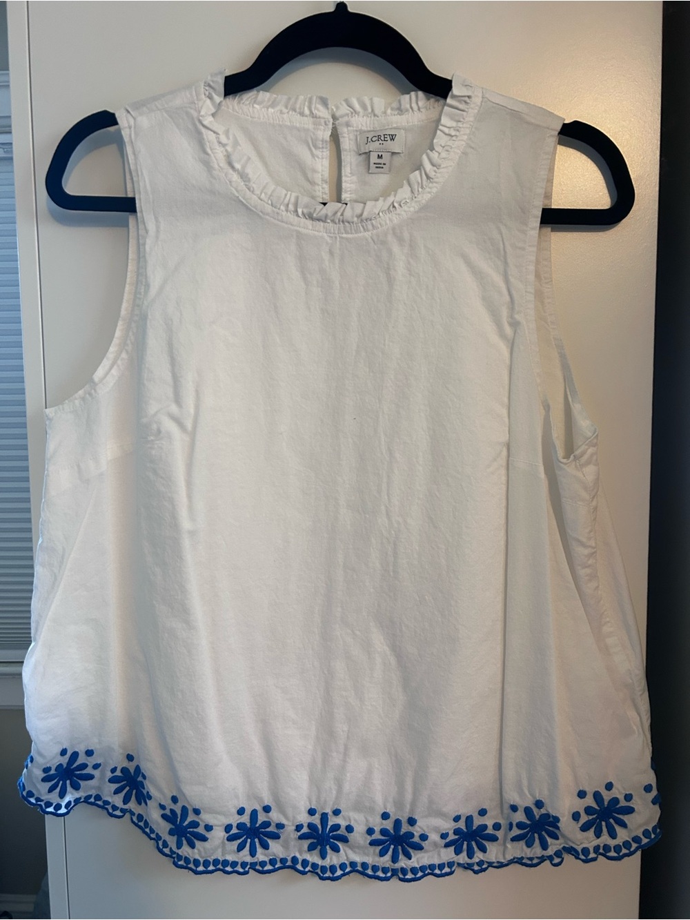 J.Crew Factory White Sleeveless Eyelet-Hem Top with Blue Embroidery